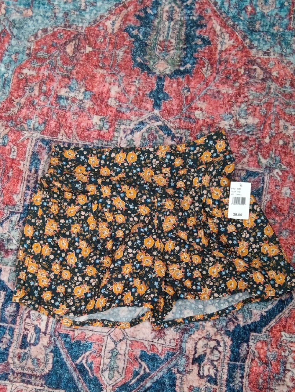 Lily White Charcoal Floral High-Waist Ruffle Hem Shorts with Mustard Flowers